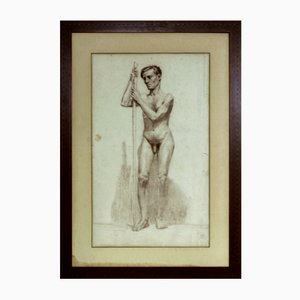 Academic Study of Male Nude with Stick, 1800s, Pencil on Paper, Framed