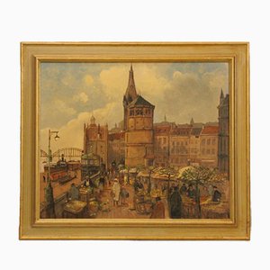 Wolfgang Hütten, Market at Burgplatz, 1993, Oil on Canvas, Framed