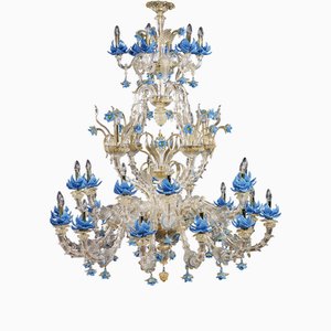 Rezzonico Style Murano Glass Chandelier with Blue Flowers