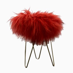 Roter Mid-Century Flokati Hocker, 1950er