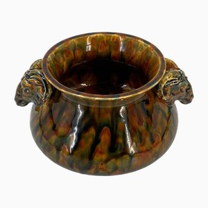 Glasierte Keramikschale mit Stierkopfgriffen von Vallauris, Frankreich, 1890er