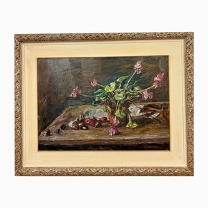 Enzo Faraoni, Blumenstillleben, Öl auf Holzplatte, 1970er