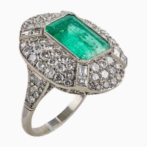 Art Deco Cocktail Ring with Emerald and Diamonds.