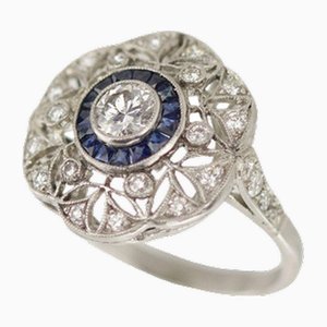 Art Deco Style Ring in 900 Platinum with Diamonds and Sapphires