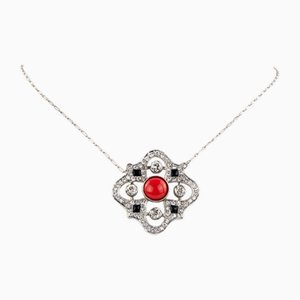 Colgante de Platino con Diamantes, ónix y Caral en Cadena de Oro.