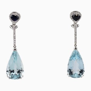 Lange Goldohrringe mit Aquamarinen, Saphiren und Diamanten., 2000er