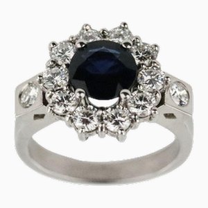 Anillo de oro de 18 k con diamantes y zafiro natural, década de 2000