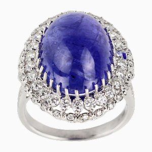 Ring in 18k White Gold with Tanzanite, Cabochon Cut, and Loose Diamonds., 2000s