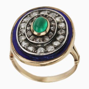583 Gold Ring, with Emerald, Diamonds and Blue Enamel.