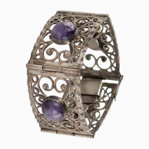 Silver Bracelet with Amethysts, Cabochon Cut.