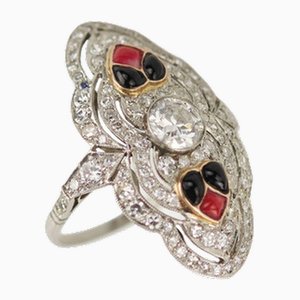 White Gold Ring with Diamonds and Enamel in Art Deco Style. 20th Century.