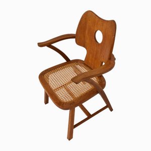French Chair with Arms in Carved Wood and Vienna Straw attributed to Jean Royère, 1958