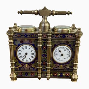 Orologio e barometro edoardiano in ottone e smalto, inizio XX secolo
