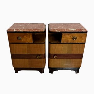 Art Deco Wood and Marble Bedside Tables, 1940s, Set of 2