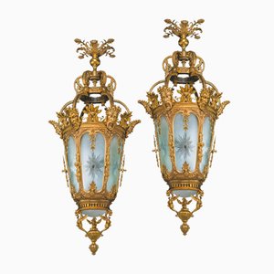 Große französische Laternen aus vergoldeter Bronze & Kristallglas, 1890er, 2er Set