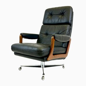 Poltrona girevole Mid-Century in pelle nera, anni '70