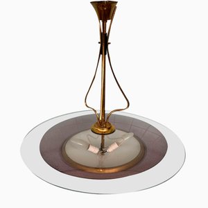 Round Ceiling Light in Glass and Brass in the style of Fontana Arte, Italy, 1950s