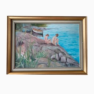 Arne Olsson, Femmes Nues, 1950s, Huile sur Panneau, Encadré