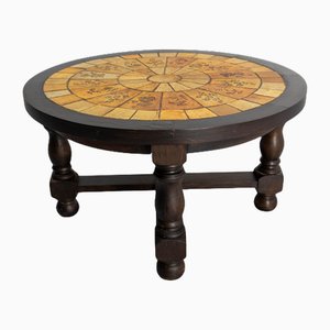 French Round Coffee Table with Ceramic Top, 1960s