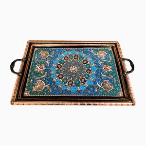 Hand Carved Floral Center Design Copper Tray with Handles