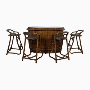 Mid-Century Cocktail Tropical Bamboo Tiki Bar with Bar Stools, France, 1960s, Set of 5