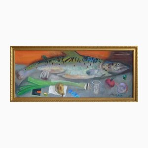 Arturs Nikitins, Stillleben mit Fisch, 1996, Öl auf Karton