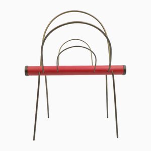 Zeitungsständer aus Messing mit rotem Leder
