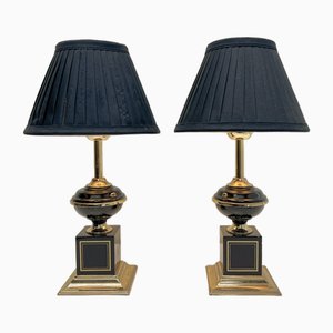 Lampade da tavolo Regency in ottone e nere nello stile di Le Dauphin, anni '70, set di 2