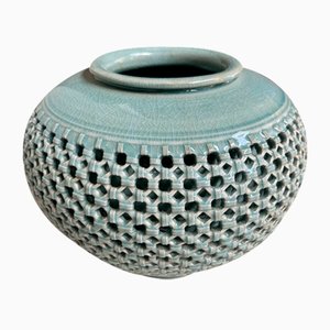 Vaso Shôwa Tsuyoshi Celadon Ikebana in ceramica, Giappone, anni '50