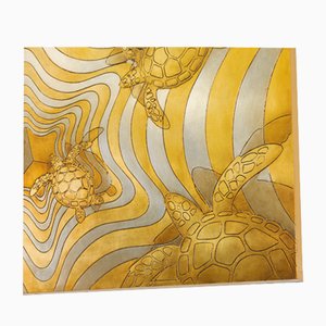 Giuseppe Caiafa, Art Tortues de Mer en Danger : Série Art Moderne, 2024, Feuilles d'Or et d'Argent & Huile sur Panneau
