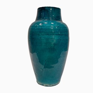 Jarrón de cerámica esmaltada en turquesa del siglo XX, Francia, años 70