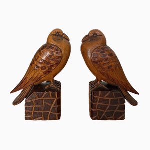 Serre-Livres Oiseau Art Déco en Bois Sculpté, 1930, Set de 2