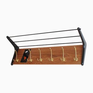 Brass and Teak Boomerang Coat Rack with Tile attributed to Alfred Hendrickx for Belform, Belgium, 1950s