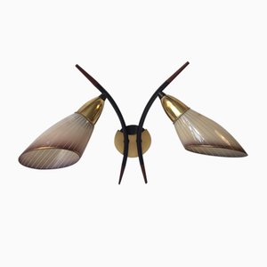 Italian Modernist Sculptural Sconce in Brass, Teak and Striped Glass, 1950s