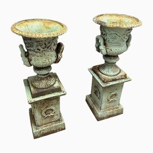 Cast Iron Garden Vases on Pedestal., 1950s, Set of 2
