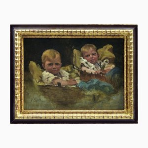 Vincenzo Caprile, Children, Oil Painting, 1890s-1910s, Framed