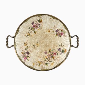 Antique Porcelain Tray with Brass Frame, Handles and Feet, 1920s