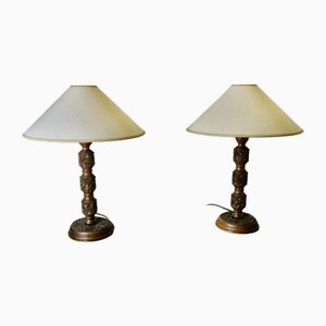 Geschnitzte Teak Tree of Life Tischlampen, 1940er, 2er Set