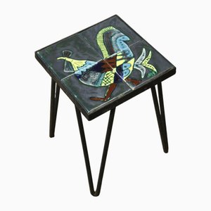 Wrought Iron & Ceramic Plant Holder with Rooster attributed to Gabriel Fourmaintraux, 1950s