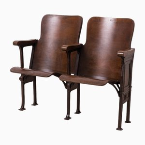 Early 20th Century Industrial Double Foldable Library Seat in Cast Iron Construction and Bent Plywood, 1890s