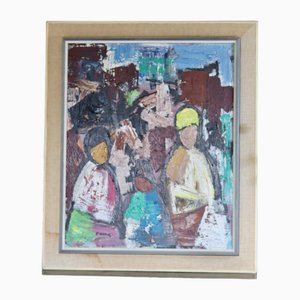 Gösta Falck, Buildings and Figures, 1970s, Oil on Canvas, Framed