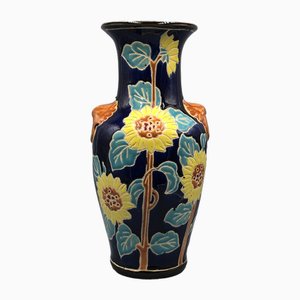 Vaso in ceramica smaltata con motivo a girasole, anni '70