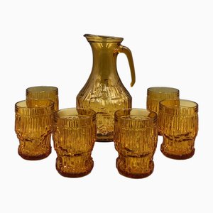Pichet à Jus Vintage en Verre Ambré avec Verres, 1970s, Set de 7