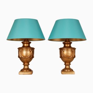 Neoklassische Französische Vintage Keramik Lampen in Gelbgold von Maison Jansen, 1980, 2er Set