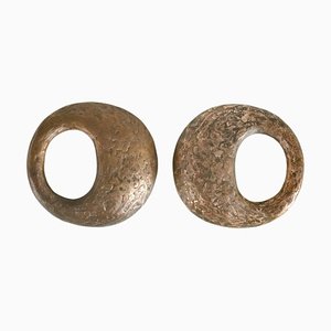 Round Bronze Push Pull Relief Door Handles with Oval Grip, 1970s, Set of 2