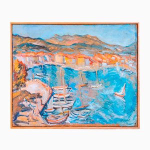 P. Bugard, Port de Sanary Sur Mer, metà del XX secolo, dipinto ad olio, con cornice