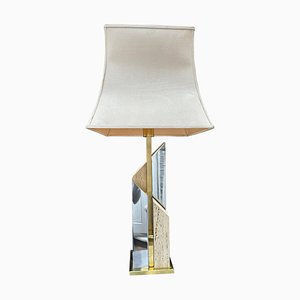 Hohe Skyscaper Tischlampe aus Travertin, Chrom & Messing von Sciolari, 1970