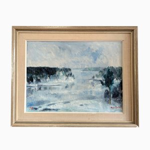 Resumen de niebla de invierno, años 50, pintura al óleo, enmarcado
