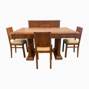 Tisch und Stühle aus Nussholz & Nussholz Federledersitz, 1930er, 5er Set