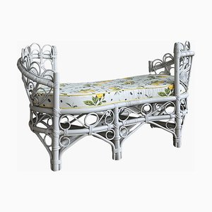 Vintage White Rattan Loveseat Tête-À-Tête with Lemon Print Upholstery, 1960s